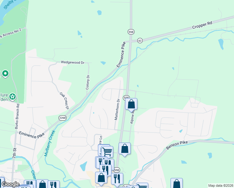 map of restaurants, bars, coffee shops, grocery stores, and more near 2060 Hearthside Circle in Shelbyville