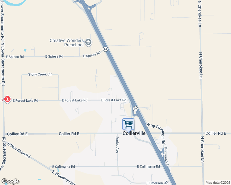 map of restaurants, bars, coffee shops, grocery stores, and more near 25991 North 99 Frontage Road in Acampo