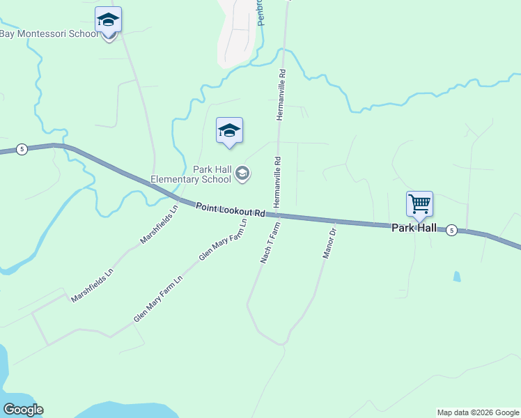 map of restaurants, bars, coffee shops, grocery stores, and more near 18678 Point Lookout Road in Park Hall
