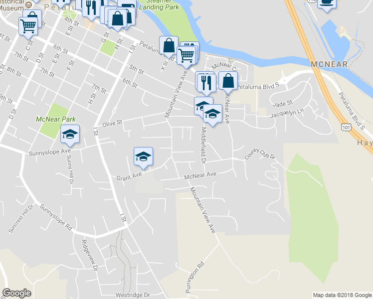 map of restaurants, bars, coffee shops, grocery stores, and more near 110 Glendon Way in Petaluma