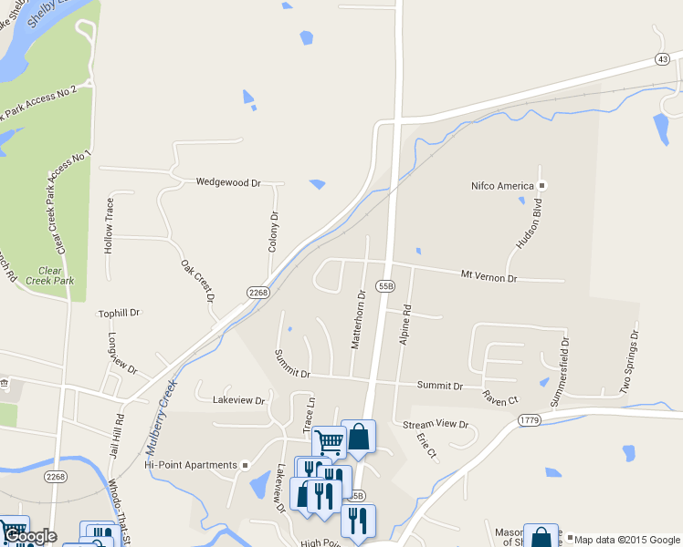 map of restaurants, bars, coffee shops, grocery stores, and more near 2099 Hearthside Circle in Shelbyville
