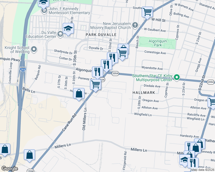 map of restaurants, bars, coffee shops, grocery stores, and more near 3034 Penway Avenue in Louisville