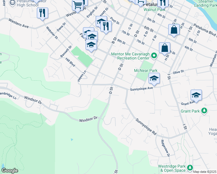 map of restaurants, bars, coffee shops, grocery stores, and more near 1200 D Street in Petaluma
