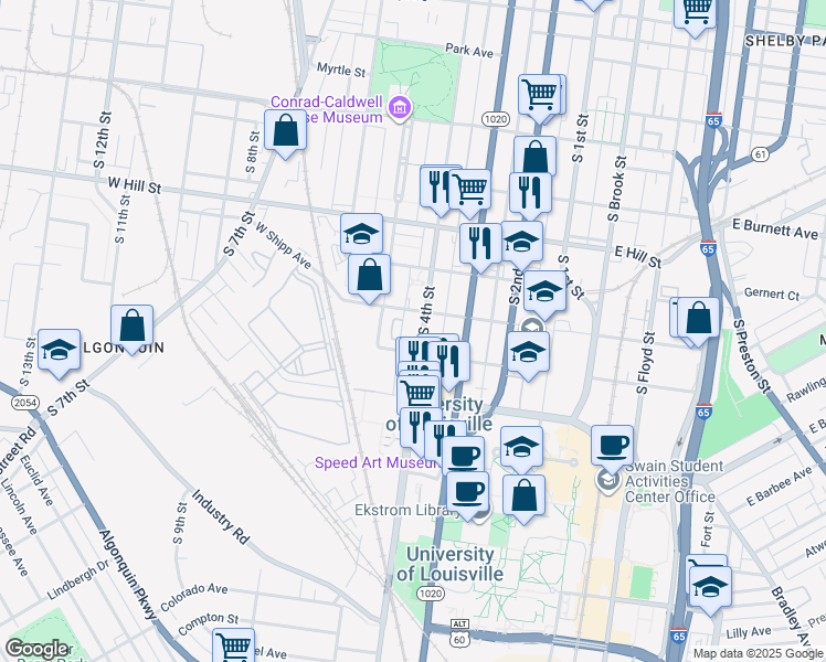 map of restaurants, bars, coffee shops, grocery stores, and more near 1712 South 4th Street in Louisville