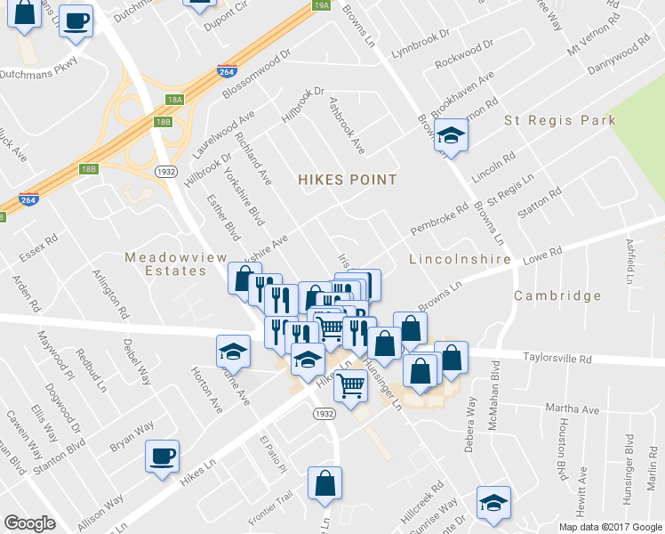 map of restaurants, bars, coffee shops, grocery stores, and more near 2913 Richland Avenue in Louisville