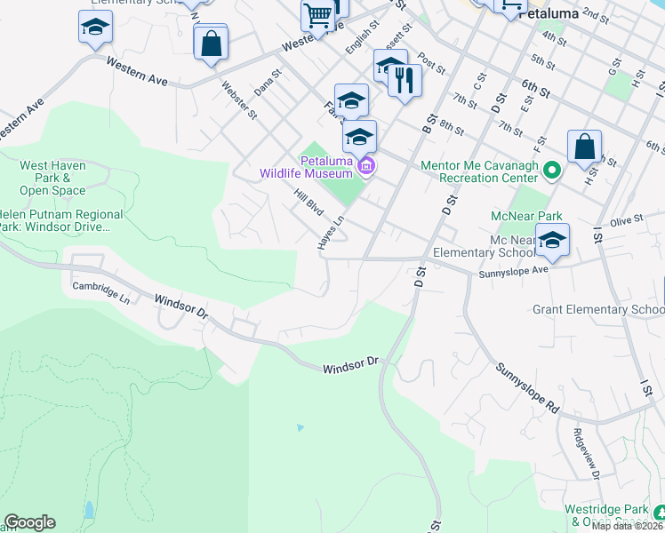 map of restaurants, bars, coffee shops, grocery stores, and more near 501 Hayes Lane in Petaluma