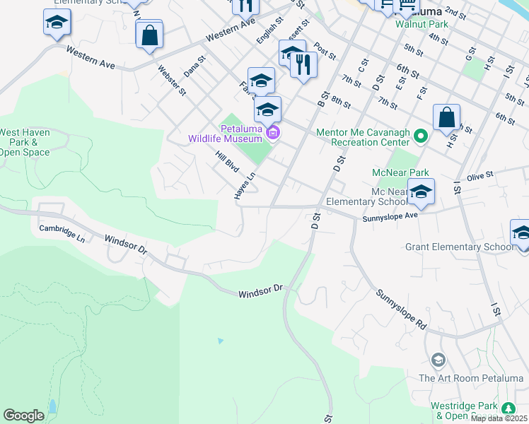 map of restaurants, bars, coffee shops, grocery stores, and more near 3 El Rose Drive in Petaluma