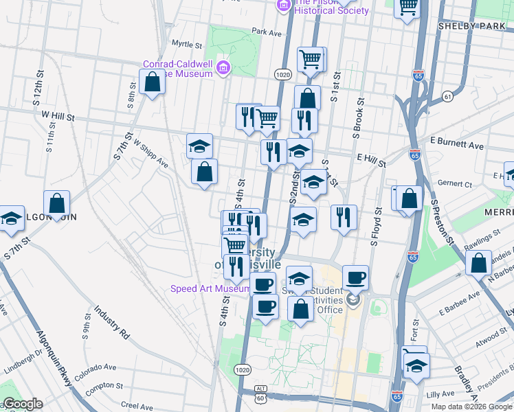 map of restaurants, bars, coffee shops, grocery stores, and more near 1704 South 3rd Street in Louisville