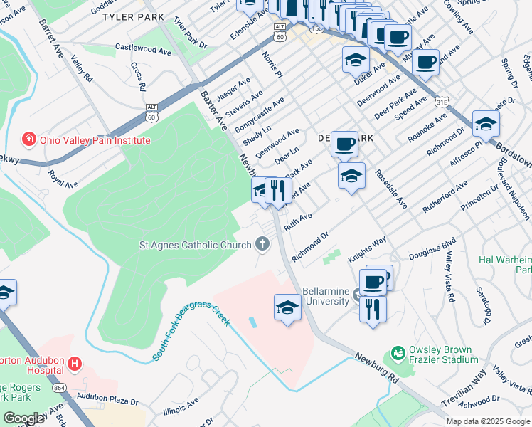 map of restaurants, bars, coffee shops, grocery stores, and more near 1800 Newburg Road in Louisville