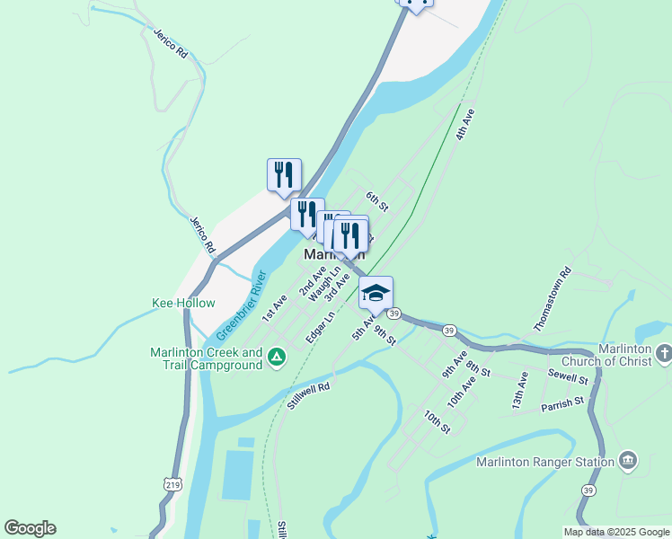 map of restaurants, bars, coffee shops, grocery stores, and more near Waugh Lane in Marlinton