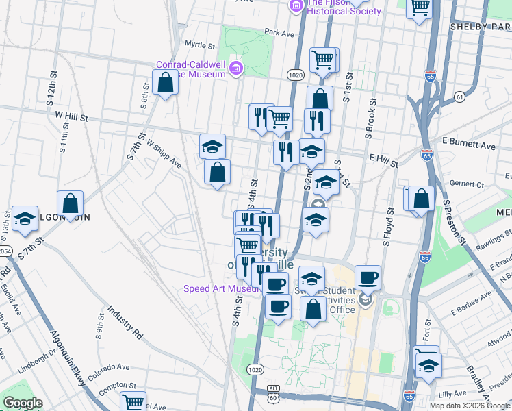 map of restaurants, bars, coffee shops, grocery stores, and more near 1711 South 4th Street in Louisville