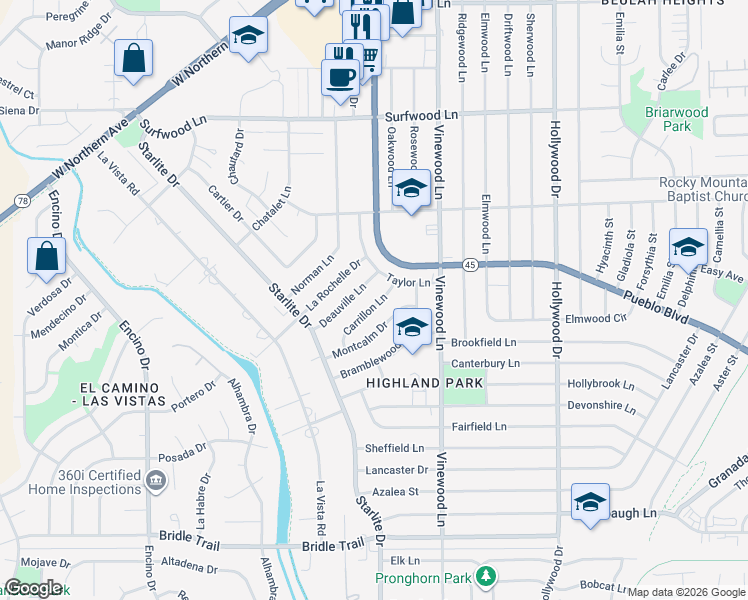 map of restaurants, bars, coffee shops, grocery stores, and more near 111 Carrillon Lane in Pueblo