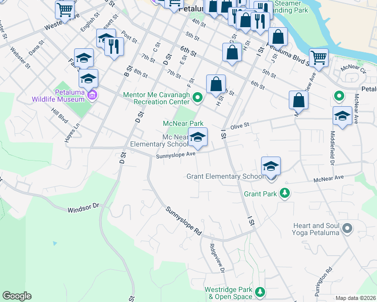 map of restaurants, bars, coffee shops, grocery stores, and more near 535 Sunnyslope Avenue in Petaluma
