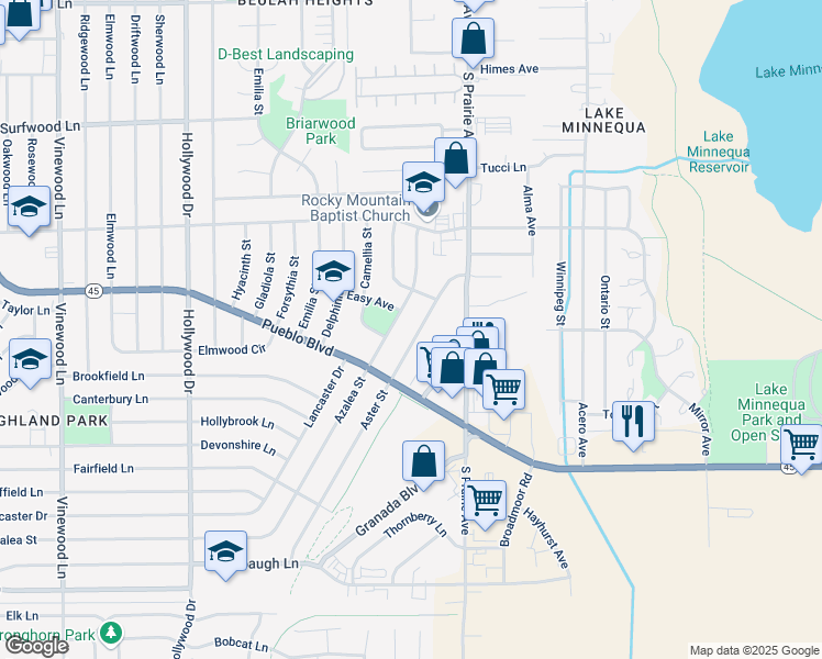 map of restaurants, bars, coffee shops, grocery stores, and more near 2701 Aster Street in Pueblo
