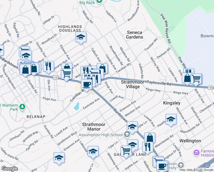 map of restaurants, bars, coffee shops, grocery stores, and more near 2238 Kaelin Avenue in Louisville