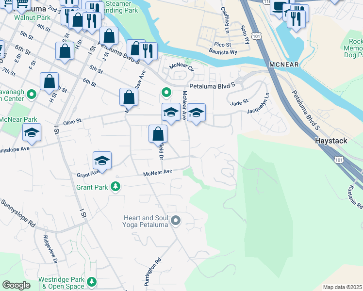map of restaurants, bars, coffee shops, grocery stores, and more near 560 McNear Avenue in Petaluma