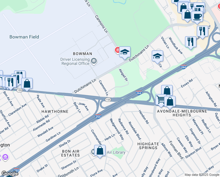map of restaurants, bars, coffee shops, grocery stores, and more near 3515 Ephraim McDowell Drive in Louisville