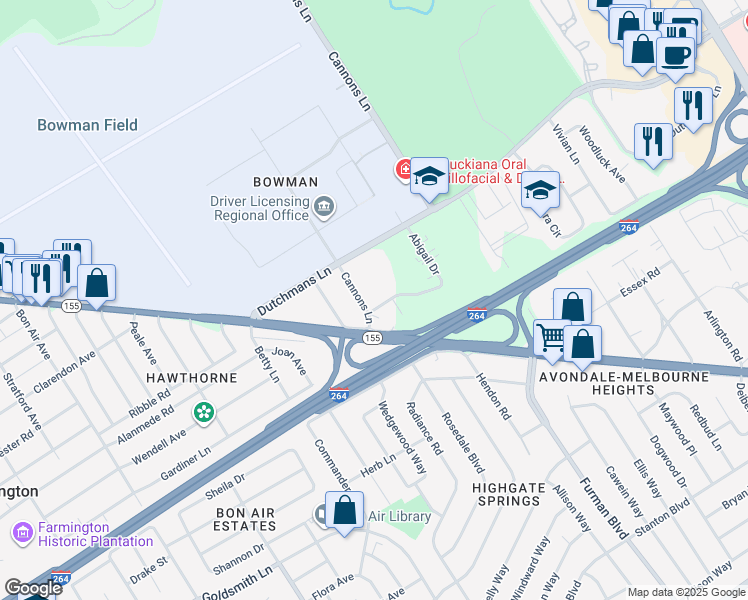 map of restaurants, bars, coffee shops, grocery stores, and more near 3515 Ephraim McDowell Drive in Louisville