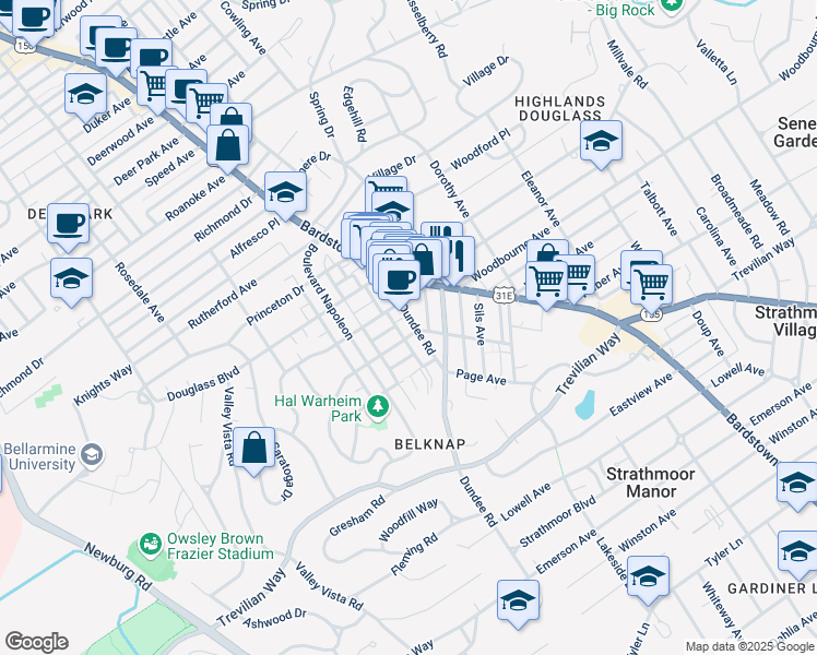 map of restaurants, bars, coffee shops, grocery stores, and more near 2234 Dundee Road in Louisville