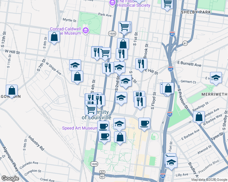 map of restaurants, bars, coffee shops, grocery stores, and more near 202 West Lee Street in Louisville