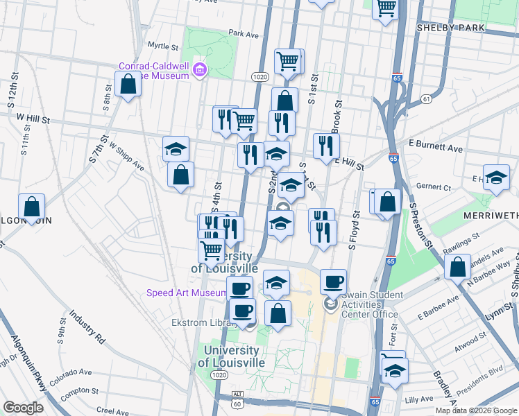 map of restaurants, bars, coffee shops, grocery stores, and more near 202 West Lee Street in Louisville