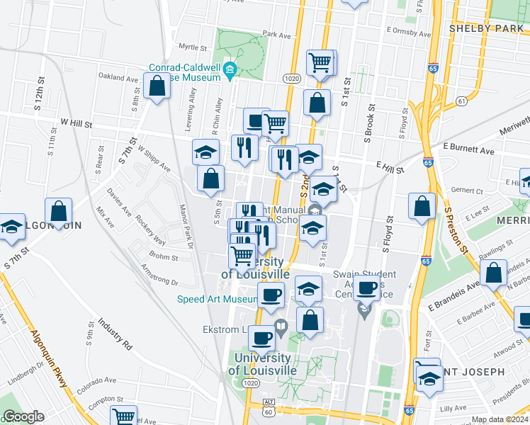 map of restaurants, bars, coffee shops, grocery stores, and more near 1704 South 3rd Street in Louisville