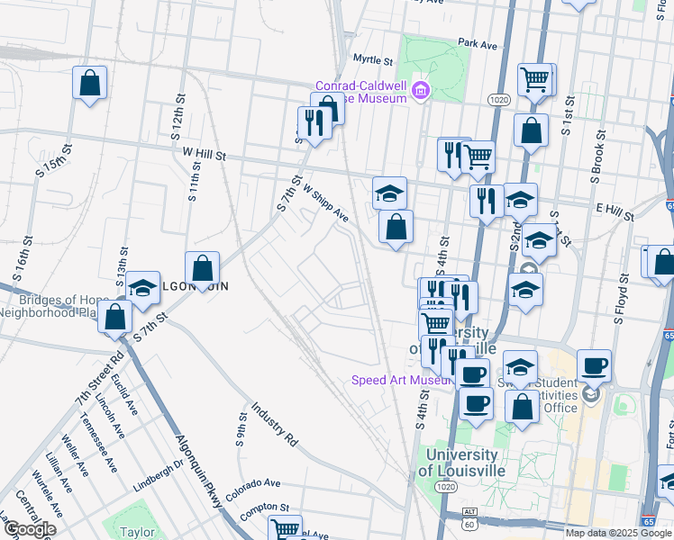 map of restaurants, bars, coffee shops, grocery stores, and more near 600 Ruggles Place in Louisville