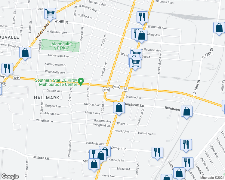 map of restaurants, bars, coffee shops, grocery stores, and more near 1824 Algonquin Parkway in Louisville