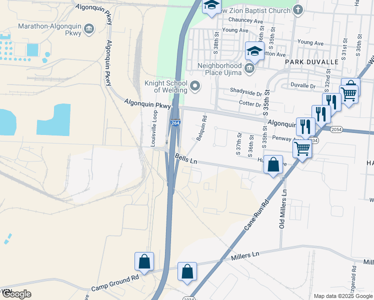 map of restaurants, bars, coffee shops, grocery stores, and more near 2130 Belquin Road in Louisville