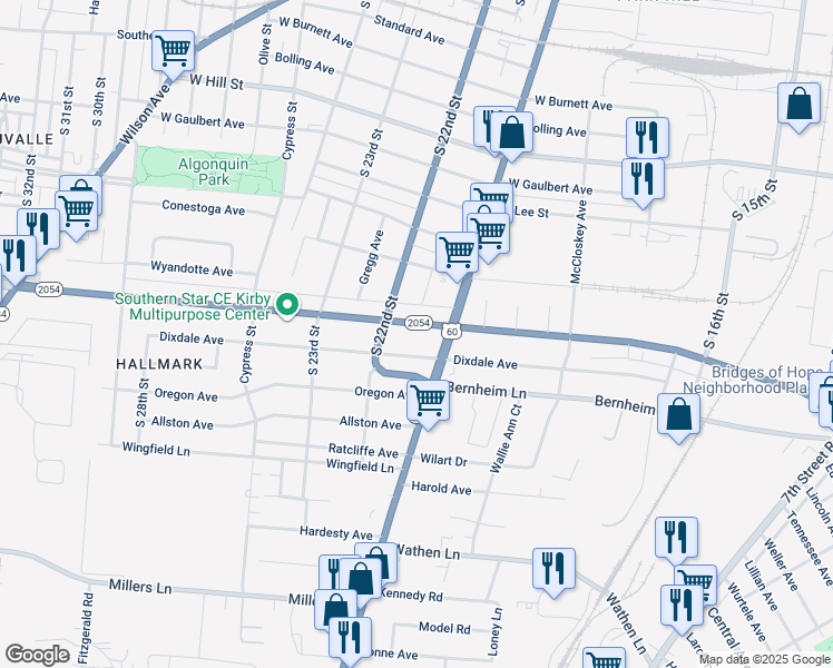 map of restaurants, bars, coffee shops, grocery stores, and more near 1824 Algonquin Parkway in Louisville