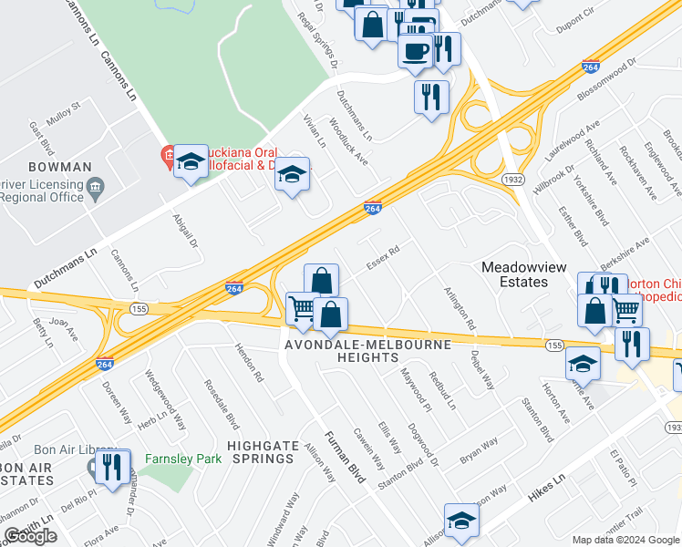 map of restaurants, bars, coffee shops, grocery stores, and more near 2810 Arden Road in Louisville