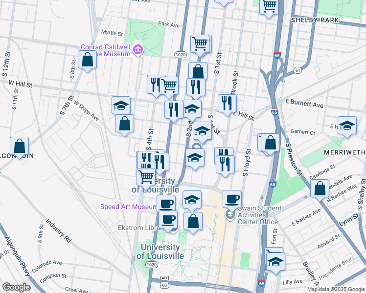 map of restaurants, bars, coffee shops, grocery stores, and more near 202 West Lee Street in Louisville