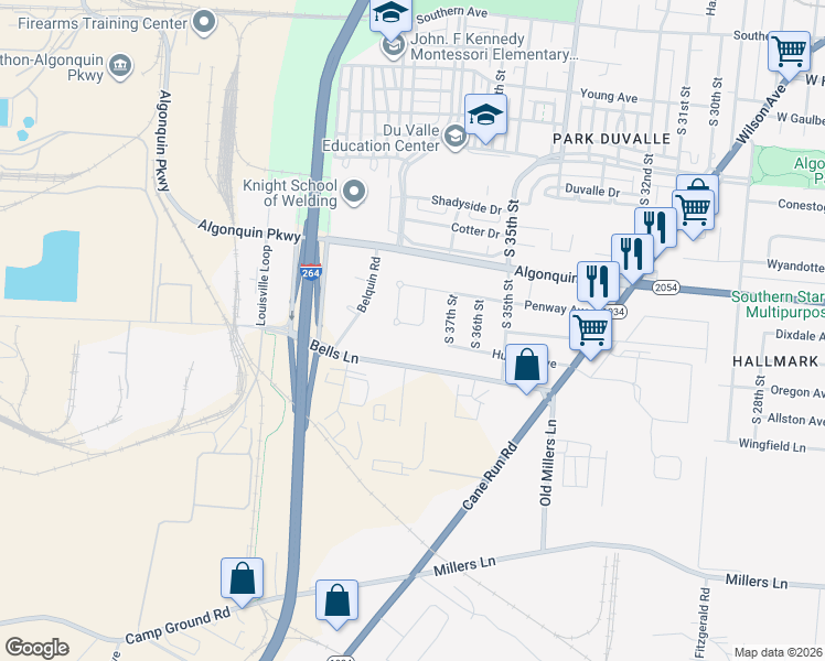 map of restaurants, bars, coffee shops, grocery stores, and more near 3741 Penway Avenue in Louisville