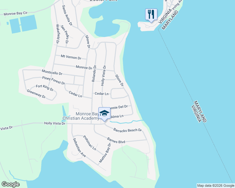 map of restaurants, bars, coffee shops, grocery stores, and more near 76 N Cedar Lane South in Colonial Beach