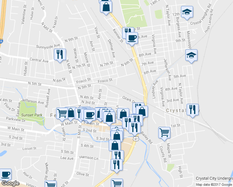 map of restaurants, bars, coffee shops, grocery stores, and more near 15 North 5th Street in Festus