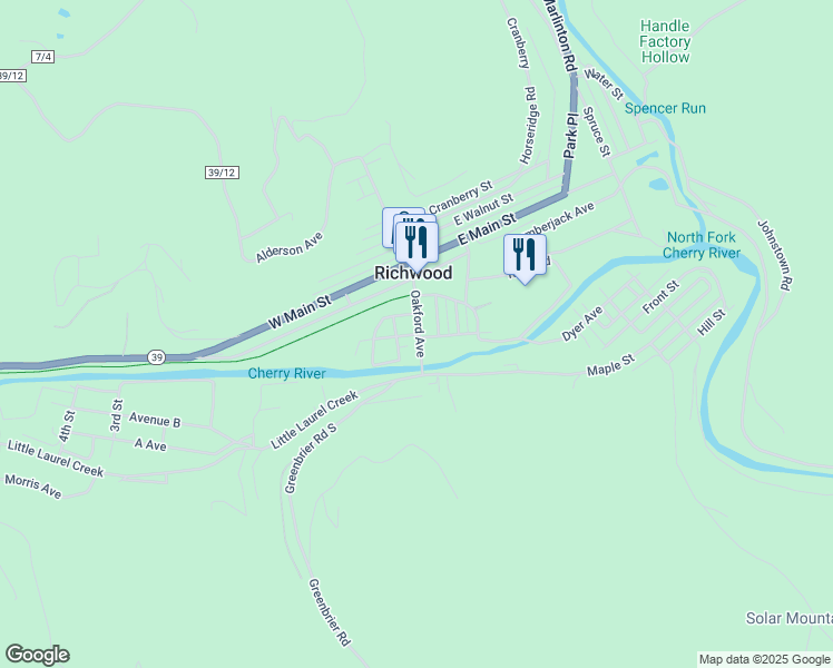 map of restaurants, bars, coffee shops, grocery stores, and more near 54 Bfg St in Richwood