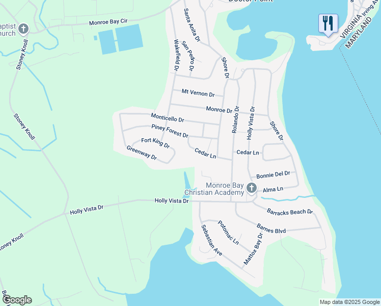 map of restaurants, bars, coffee shops, grocery stores, and more near 365 Cedar Lane in Colonial Beach