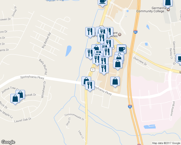 map of restaurants, bars, coffee shops, grocery stores, and more near 3824 Jefferson Davis Hwy in Spotsylvania