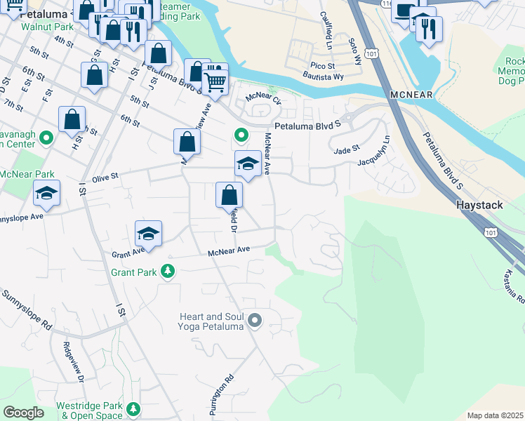 map of restaurants, bars, coffee shops, grocery stores, and more near 560 McNear Avenue in Petaluma