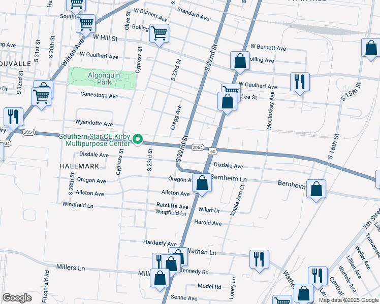 map of restaurants, bars, coffee shops, grocery stores, and more near 1836 Algonquin Parkway in Louisville