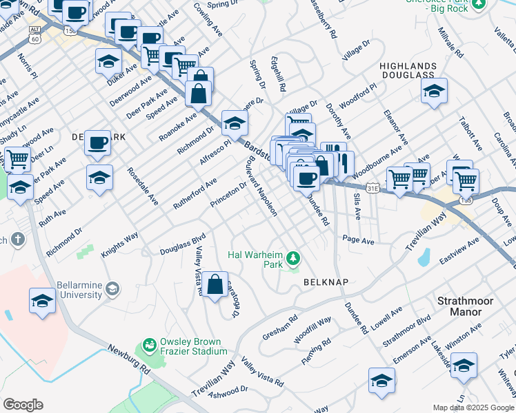 map of restaurants, bars, coffee shops, grocery stores, and more near 1894 Douglass Boulevard in Louisville