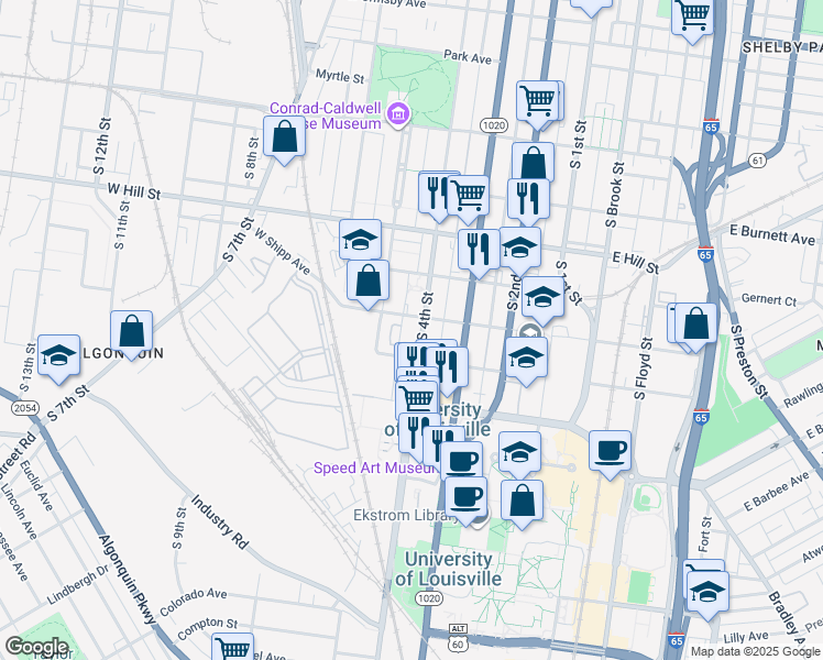 map of restaurants, bars, coffee shops, grocery stores, and more near 1712 South 4th Street in Louisville