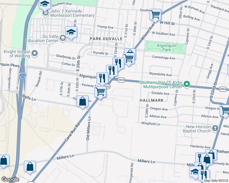 map of restaurants, bars, coffee shops, grocery stores, and more near 3034 Penway Avenue in Louisville