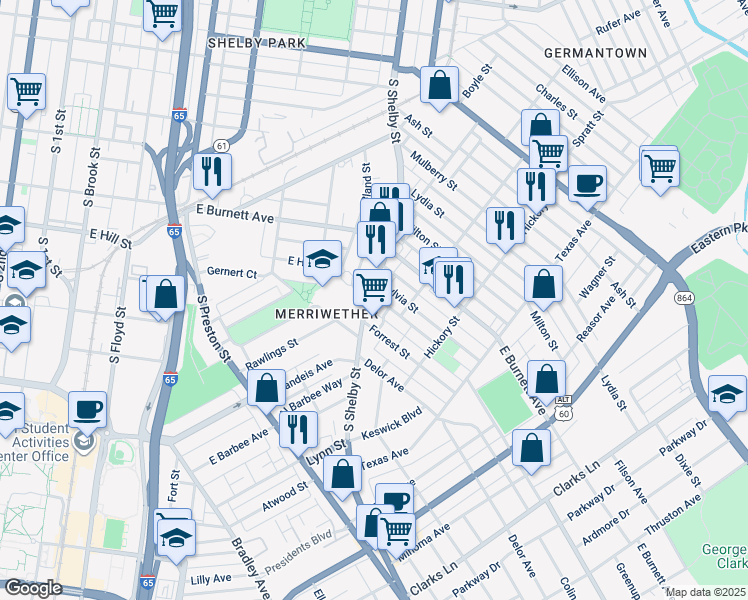 map of restaurants, bars, coffee shops, grocery stores, and more near 1543 South Shelby Street in Louisville