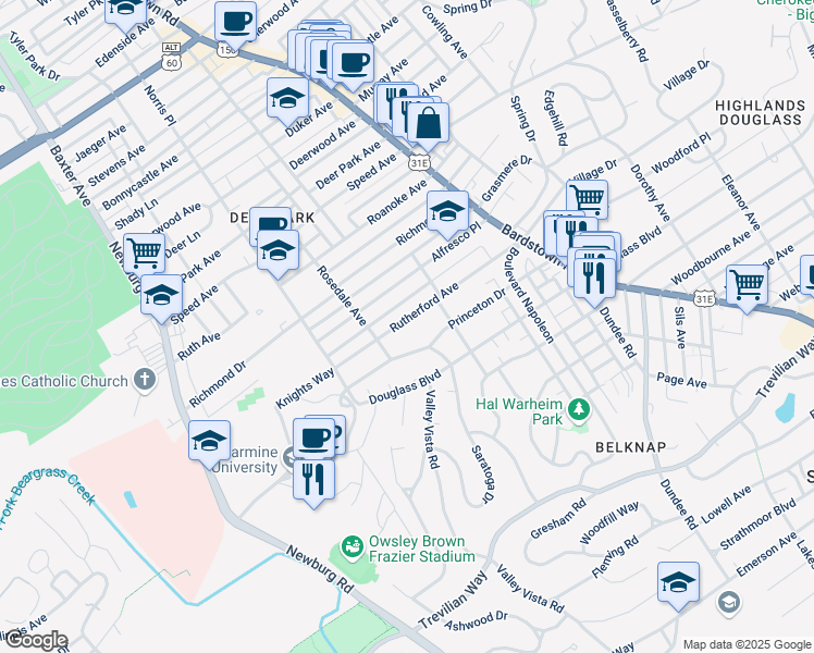 map of restaurants, bars, coffee shops, grocery stores, and more near 1866 Rutherford Avenue in Louisville