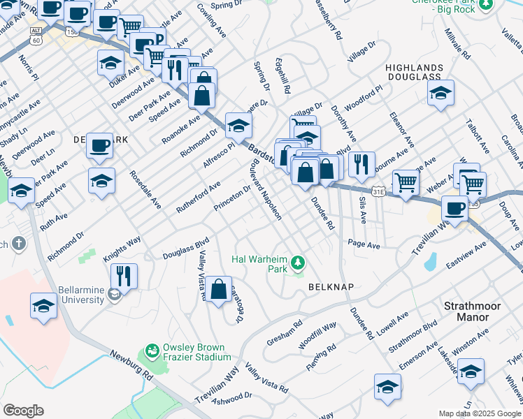 map of restaurants, bars, coffee shops, grocery stores, and more near 1894 Douglass Boulevard in Louisville