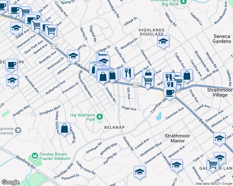 map of restaurants, bars, coffee shops, grocery stores, and more near 1907 Woodbourne Avenue in Louisville