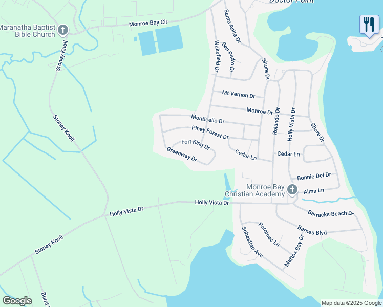 map of restaurants, bars, coffee shops, grocery stores, and more near 94 Greenway Drive in Colonial Beach