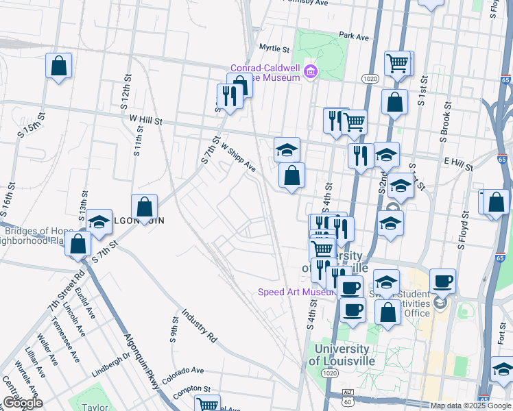 map of restaurants, bars, coffee shops, grocery stores, and more near 600 Ruggles Place in Louisville