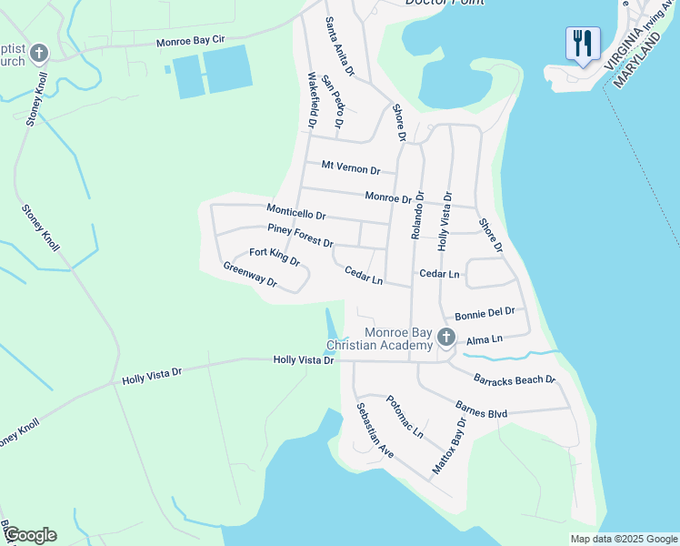map of restaurants, bars, coffee shops, grocery stores, and more near 365 Cedar Lane in Colonial Beach